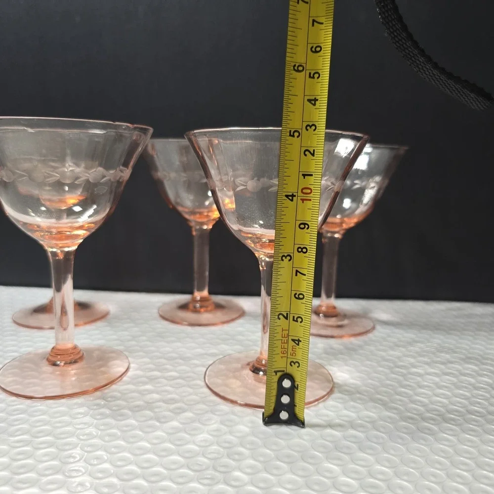 Vintage Pink Depression Glass Champagne Coupes Set Of 5 Etched Design